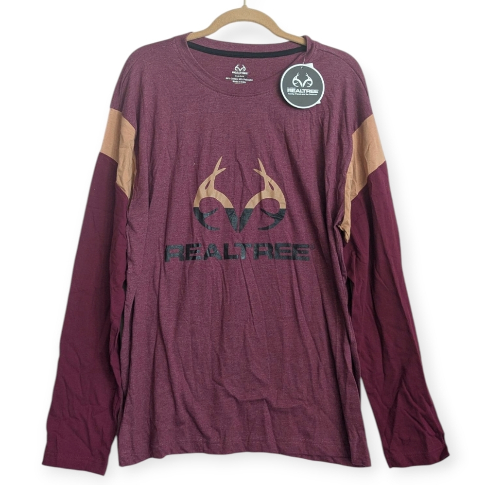 Realtree Long Sleeve Graphic Logo Tee Shirt Burgundy Heather Men's Size XL NWT